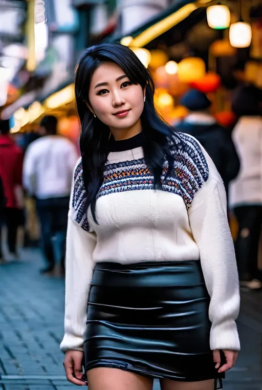 Prompt: Beautiful Japanese young woman ((Plump curvy)), ((love handles)), ((white knit sweater hanging open exposing her torso)), Black miniskirt, black go go boots, (pretty face), multi-color hair, walking in a Ginza market, 8K photo, high detail, daylight