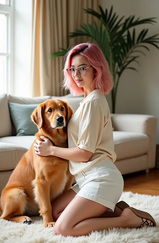 Prompt: photorealistic, (glossy 8K magazine photo) intelligent & sophisticated blonde woman (age 25), (plump physique), (round face), (green eyes), silver frame square eyeglasses, stylish chic bob cut pink-red hair, kneeling in a graceful side profile with her adorable golden retriever dog, soft white rug, luxurious and elegant room, wearing a chic cream silk blouse and white linen shorts showcasing her (grande derrière), sandals, (high detail) and (quality), warm and inviting atmosphere, sumptuous plush decor, elegant lighting illuminating the scene, capturing her plump expressive alluringly elegant face.