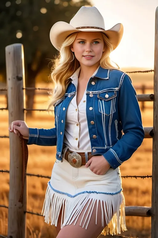 Prompt: Pretty blonde teenage rodeo girl, vibrant blue eyes, beautiful round face, wearing a (blue denim jacket with white fringe detail), (chambray shirt), (brown suede fringed skirt), (white cowboy boots), (cowboy hat), holding a lasso, warm light, photorealistic, professional photo, high-res, tall athletic physique, detailed textures, crisp focus, warm and inviting atmosphere, golden hour lighting, ranch background with fencing and open fields, vibrant colors, 4K, ultra-detailed.