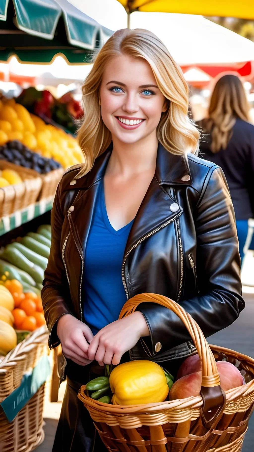 Prompt: Cheerful elegant young woman, blonde, blue-eyed, upturned nose, intricate golden-ratio face, wearing a black leather jacket, blue blouse, brown leather skirt and boots, carrying a market basket, in the Los Angeles Farmer's Market, photorealism, detailed facial features, high quality, 8k photo, cheerful, elegant, intricate, market setting, detailed clothing, professional lighting