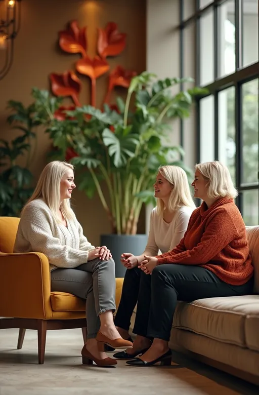 Prompt: Photorealistic tight shot of a chic mid-century modern style office lobby, featuring luxurious details such as large potted plants, vibrant wall sculptures, and stylish mid-century furniture. Featuring close-up focus on Several exceptionally beautiful overweight young Caucasian ladies with (bosomy buxom physiques) & (light colored hair), professional casual attire with cozy sweaters and tailored slacks sitting in the lobby conversing cordially, capturing the upbeat facial expressions exuding a warm ambiance. Soft, natural lighting enhances the inviting atmosphere. Ultra-detailed, showcasing textures and colors that harmonize with the elegant design, in richly detailed and high quality 8k photography.