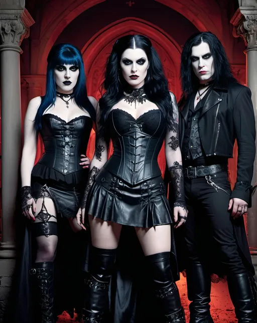 Prompt: Promotional Photograph of Four beautiful goth rockers of the band “blood rage” in an advertising poster, beautiful vampire look with pale white skin, black hair, and heavy goth makeup, wearing black lace bustier, leather miniskirt, and boots, intense expression, poster reads “BLOOD RAGE”, high-res photo, gothic, dark tones, detailed vampire makeup, professional lighting, intricate face details, high detail, vibrant blue eyes