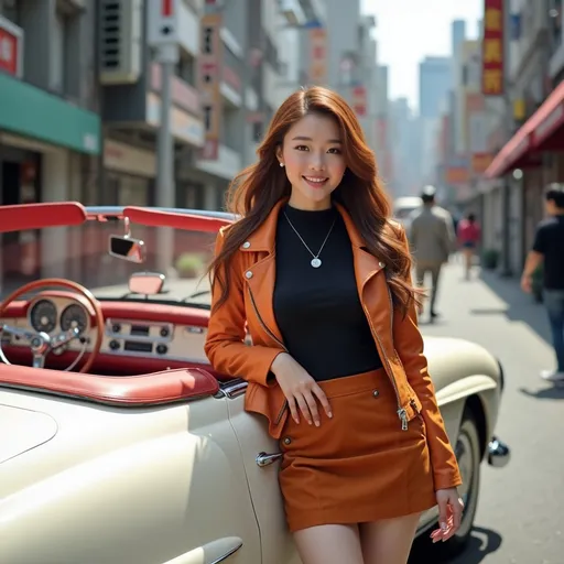 Prompt: (photorealistic) Beautiful Japanese woman, long cinnamon-brown hair, gorgeous face, standing next to a sleek white 1960s vintage convertible Mercedes 230SL sports car with two red leather seats, dressed in a orange leather jacket, black tee, stylish suede miniskirt, curvy bosomy physique, expression: comely warm smiling, set against the vibrant cityscape of Tokyo, daylight ambiance, bright and inviting, ultra-detailed, 8K resolution, professional photography quality.