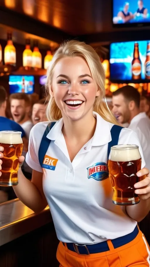 Prompt: Happy young waitress in white tee and orange shorts uniform, blonde hair, blue eyes, carrying tray with several bottles of beer, crowded sports bar with big TV screens, joyous crowd, 8k photo, vibrant atmosphere, detailed facial expression, energetic, realistic, lively lighting, colorful, busy environment