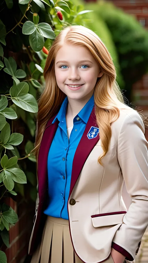 Prompt: Professional profile, olive-skin schoolgirl, age 15, long strawberry blonde hair, vibrant blue eyes, intricate round face, button nose, light makeup, buxom figure, maroon blazer with school logo, white blouse, maroon scarf, khaki pencil skirt, black oxfords, kneed socks, standing outside a ivy covered brick school building, outdoors, high-res photo, natural light, intricate details, high quality, professional, realistic, dynamic pose, outdoor photo