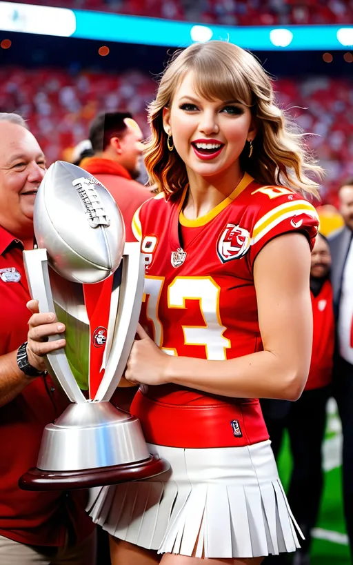 Prompt: Smiling Taylor Swift holding a huge silver football championship trophy in a crowded stadium, red leather vest with fringe, white blouse, red leather miniskirt, Kansas City Chiefs logo, buxom figure, intricate face:2.0, 8k photo, crowded stadium, vibrant atmosphere, detailed expression, professional photography, vibrant colors, high quality, Kansas City Chiefs logo, professional lighting