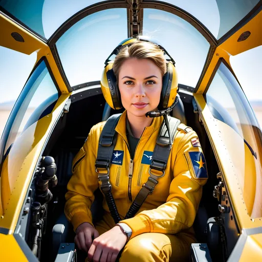 Prompt: Beautiful young female pilot in yellow flight suit, sitting in cockpit of sleek jet fighter with open canopy, preparing for flight, 8k photo, realistic, aviation, detailed cockpit, intense focus, professional, vibrant colors, natural lighting