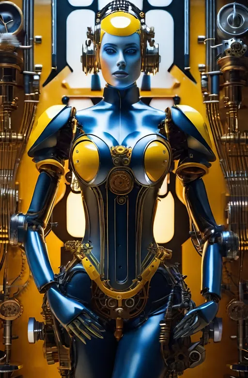 Prompt: 8K photo, cinematic, retro sci-fi, steampunk robot|cyborg woman with ((human head and mechanical robot body)), machine arms with exposed wires and gears, electric heart, beautiful face, blue eyes, yellow hair, clockwork gears, brass, glass, wires, top hat, standing in a steampunk control room, gauges, buttons, levers, high detail.