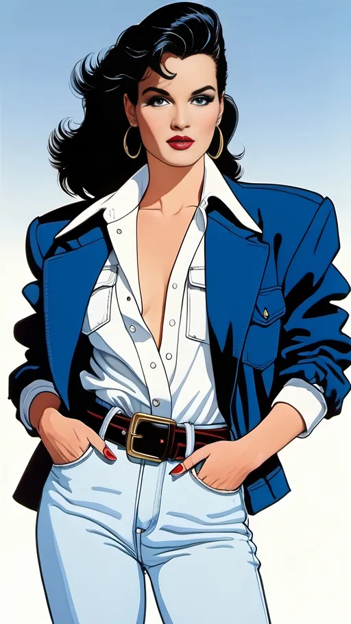 Prompt: 1980s woman portrait, Member's Only style blue jacket, white tee, belted jeans, high-res photo, Patrick Nagel style pose