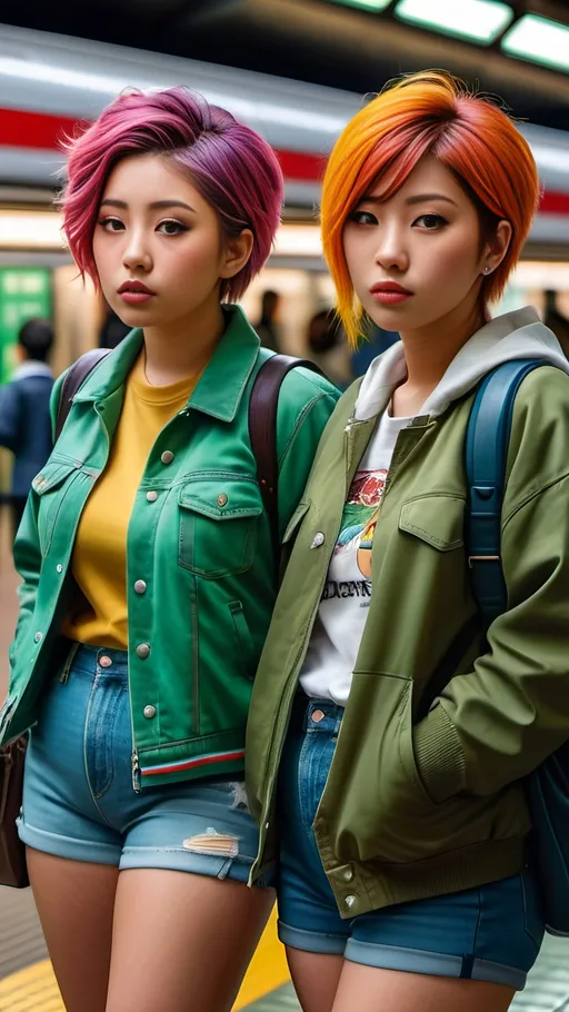 Prompt: Two Japanese women with colorful hair, hazel eyes, green jackets, denim shorts, waiting in a Tokyo train station, 8k photo realistic, detailed fashion, realistic lighting, urban setting, plump curvy figure, modern, stylish, vibrant colors, high quality, photo-realistic, 8k, high-res, detailed hair, fashionable, trendy, Tokyo train station, stylish composition, professional photography