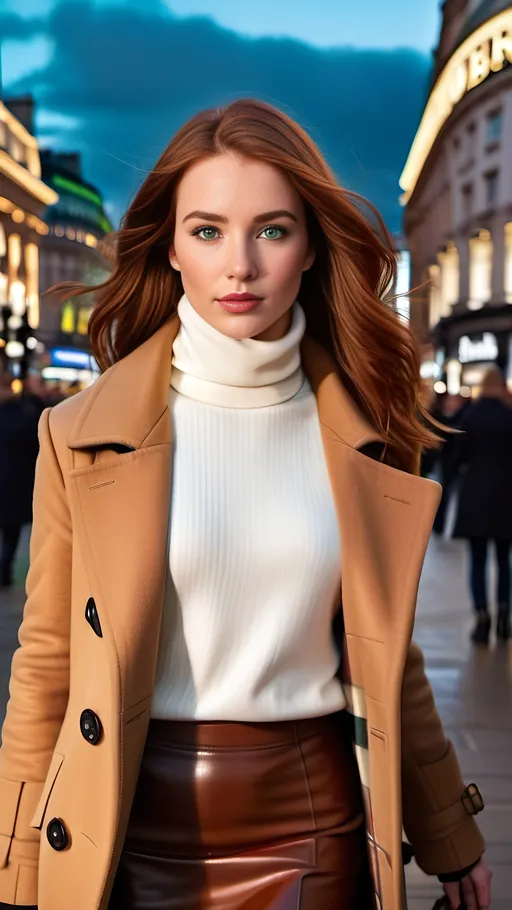 Prompt: Beautiful young woman, auburn hair, green-eyed, intricate square face, white turtleneck sweater, brown Burberry coat, leather skirt, brown boots, walking in Piccadilly Circus, professional photo-realistic 8k, classic, detailed facial features, elegant outfit, vibrant city lights, atmospheric lighting