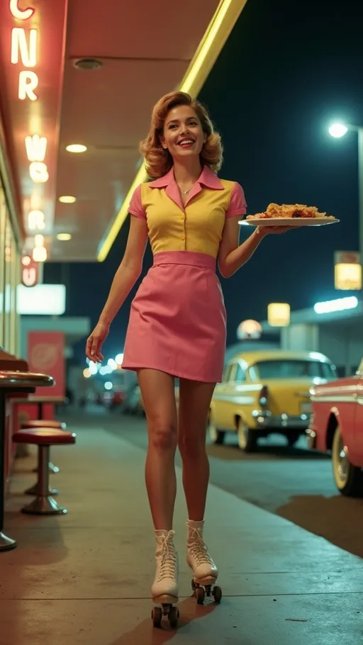 Prompt: (Beautiful 1960s car-hop waitress on roller skates), mid-century style space-age architecture, bringing a tray of food to a customer, (vibrant pink and yellow uniform), (plump curvy figure), long shapely legs, lively atmosphere, retro decor, Los Angeles drive-in, joyful expressions, nighttime scene, bright neon lights, soft fluorescent lighting, ultra-detailed, 8k resolution, photorealistic, dynamic composition, high quality, nostalgic charm, classic 1960s cars in background.