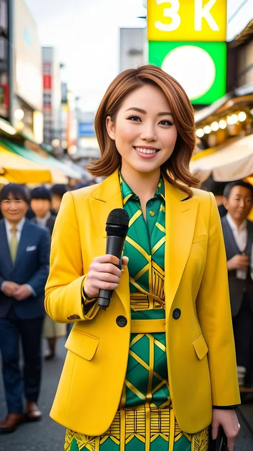 Prompt: Beautiful statuesque Japanese TV reporter with chestnut hair, hazel eyes, round golden-ratio face, Yellow gabardine blazer, green & yellow geo print dress, black boots, smiling, holding microphone, opulent full-figure, deep focus, Ameyoko Market Tokyo in the background, 8K photo, detailed facial features, realistic, professional, bosomy, vibrant colors, journalistic, atmospheric lighting