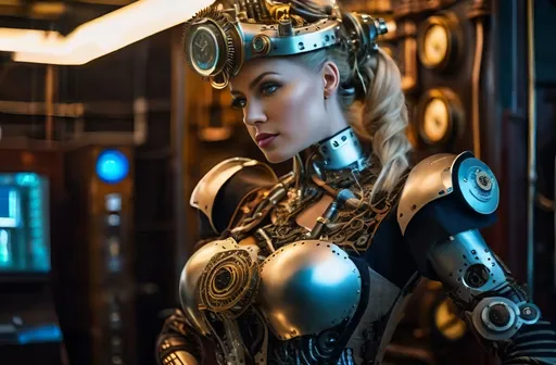 Prompt: 8K photo, cinematic, retro sci-fi, steampunk robot|cyborg woman with ((human head and mechanical robot body)), machine arms with exposed wires and gears, electric heart, beautiful face, blue eyes, blonde hair, clockwork gears, brass, glass, wires, top hat, standing in a steampunk control room, gauges, buttons, levers, high detail.