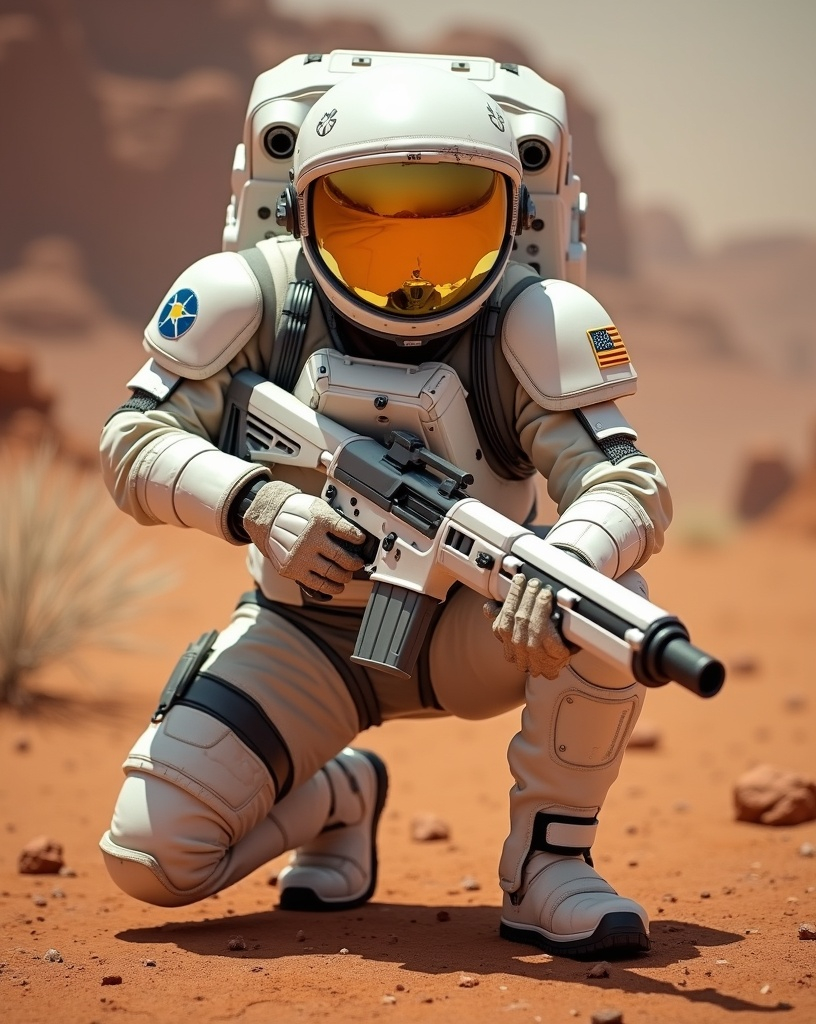 Prompt: Cinematic photo of a rugged Astro-Marine trooper in white spacesuit uniform and helmet with reflective gold visor, white & silver laser rifle, unit patch on shoulder, crouching with weapon on Mars, 8k, high detail & quality.