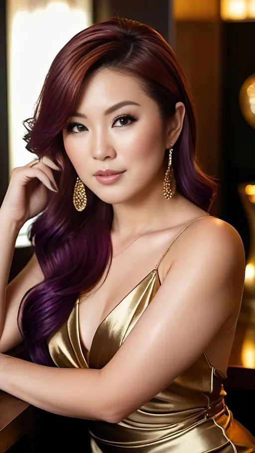 Prompt: Sultry Japanese woman, auburn-purple hair, gold cocktail dress, elegant upscale lounge, high-res, pro photo, high detail, sharp focus, flawless round face, curvaceous figure, gold jewelry, bustling atmosphere, elegant, satin, gold mules, 25 years old, professional lighting, luxurious setting