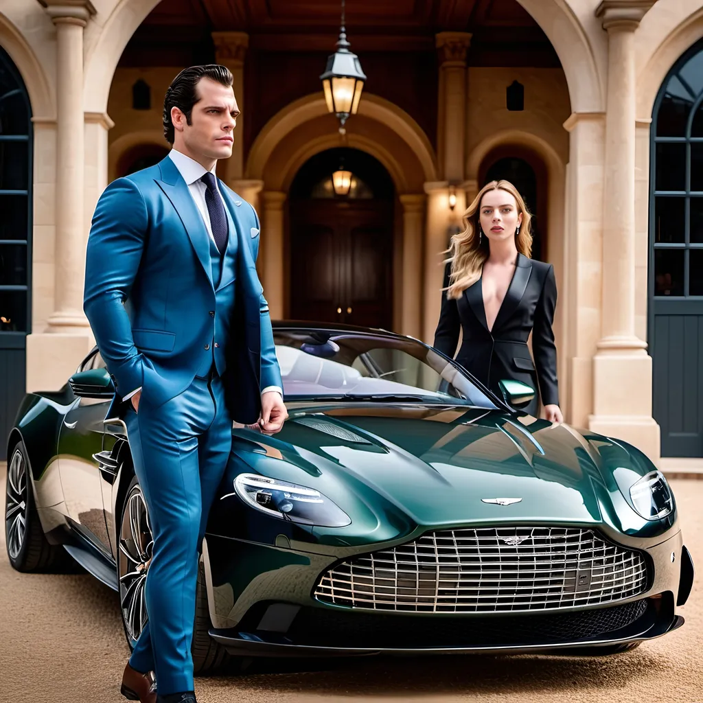 Prompt: Cinematic 8k photo of Henry Cavill and Jodie Comer exiting an Aston Martin under a dramatic Port Cochere, modern formal attire, dramatic scene, espionage, high style, photorealism, high definition, crowded setting, detailed expressions, intense focus, luxury ambiance, sophisticated lighting