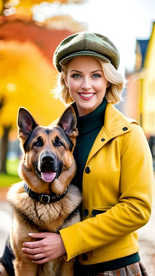 Prompt: Beautiful woman with short blonde hair and green eyes, perfect oval face, upturned nose, smiling, wearing a yellow ski jacket, black blouse, and brown tweed skirt, topped with a newsboy cap, standing outside with a pet German Shepherd dog, 8k photo, high-res, vivid colors, advertising style, professional lighting, pet-friendly, detailed facial features, outdoor setting