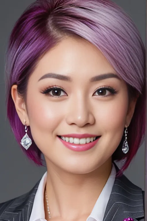 Prompt: Professional head shot, Japanese woman age 25, magenta-purple gradient hair, gray eyes, diamond shaped face, upturned nose, professional makeup, high quality, detailed, realistic, portrait, elegant pinstriped gray suit, confident expression, professional lighting, high-res, simple crystal earrings, subtle smile