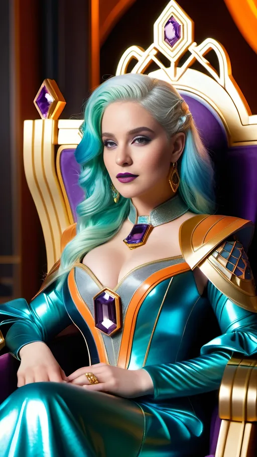 Prompt: Photo of Queen Nebula of Zindar sitting on a golden throne, ((pale skin, orange eyes, blue-green hair)), intricate golden-ratio face, diaphanous purple gown with metal & leather shoulder detail, topaz jewels, demure smile, colorful banners, curvaceous figure, ((Pet snow badger in her lap)), cinematic 8k photo, futuristic sci-fi, regal, detailed features, opulent, vibrant colors, atmospheric lighting, rich textures, royal, realistic, curvy physique, demure expression, ethereal beauty