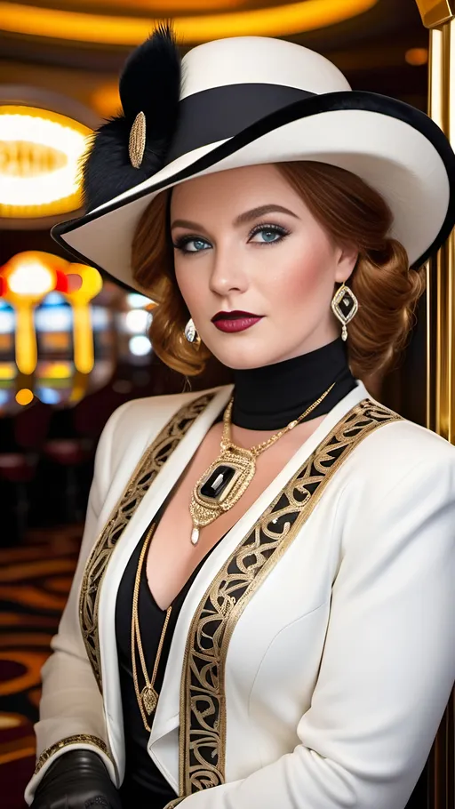 Prompt: Beautiful young auburn hair woman, intricate square face, upturned nose, blue eyes, gold jewelry, white bolero jacket with black fur trim, white mid-length skirt with black trim, black boots, white vaquero hat with gold details, Art Deco casino, buxom full figure, 8k photo, stylish, elegant, detailed facial features, black & white art deco theme, luxurious setting, professional lighting, high quality, detailed clothing, glamorous atmosphere, bosomy physique