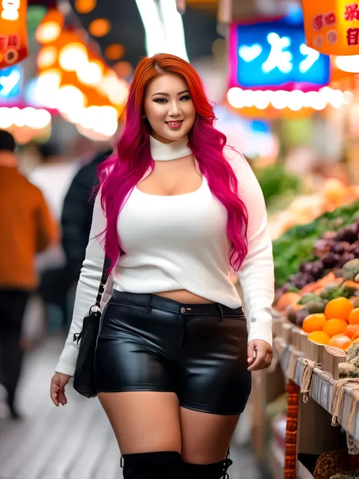 Prompt: <mymodel>Beautiful Japanese young woman ((plump curvy)), love handles, ((white sweater hanging open exposing her midriff)), Black halter & shorts, black go go boots, (pretty face), orange magenta hair, walking in a Ginza market, 8K photo, high detail, daylight