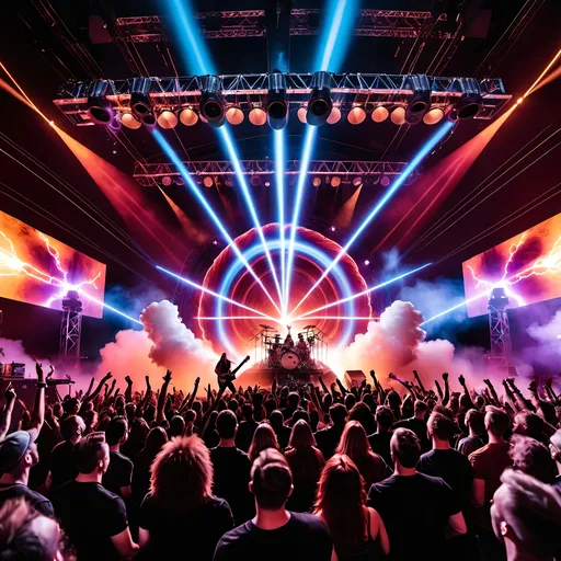 Prompt: 8k photo of a rock band playing on stage with a huge Tesla coil with arcing bolts of electricity in the background, colored lasers, smoke effects, stage lights, large crowd, rock concert setting, high energy vibe, high detail.