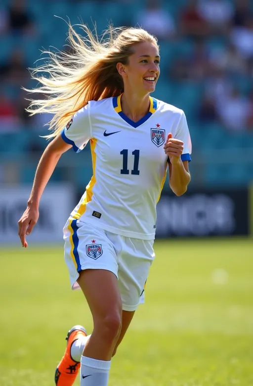 Prompt: photorealistic, (8k) sports action photo of a beautiful blonde soccer player, tall, fit, athletic, long silky hair blowing in the wind, stunning blue eyes, flawless face, wearing a crisp white uniform with blue-yellow trim, dynamic pose running towards the goal, bright sunny day, ultra-detailed, high-quality professional photography, capturing the energy and exhilaration of the game.