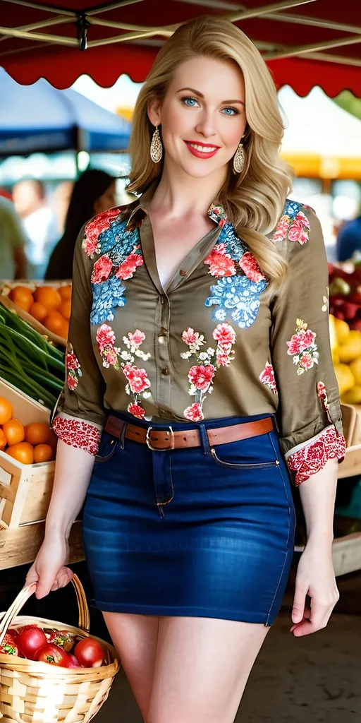 Prompt: Beautiful Rubenesque woman at Farmer's Market, detailed flesh tones, intricate facial features, pale skin, blue eyes, ruby lips, intricate floral blouse, khaki denim miniskirt, sandals, long shapely legs, carrying market basket, 8K ultra-detailed photo, daylight, natural lighting, detailed, intricate, high quality, market scene, beautiful, Rubenesque, floral blouse, detailed facial features, intricate clothing, daylight lighting