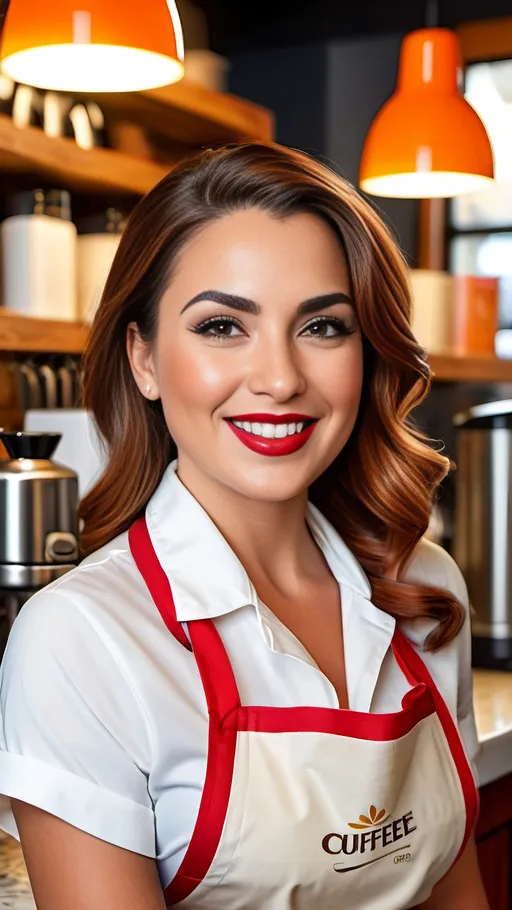 Prompt: Beautiful olive-skin woman, auburn hair, gray eyes, intricate square-shaped face, upturned nose, dark eyebrows, bright red lipstick, smiling, white blouse, orange apron, buxom figure, barista in a coffee shop, 8k photo, realistic, detailed, professional, natural lighting, modern, vibrant colors, bustling coffee shop atmosphere, high quality, 8k, ultra-detailed, realistic, modern, vibrant, detailed facial features, professional, natural lighting