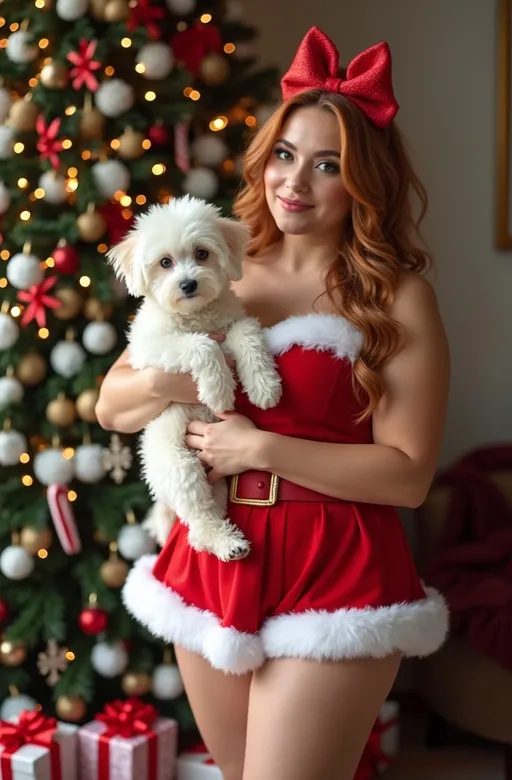 Prompt: Deliciously gorgeous (curvy young woman), dressed in a (vibrant red and white candy cane costume) with fluffy soft white fur trim details, (lush cinnamon-blonde hair) adorned with a (silky red bow), striking (blue eyes), holding an adorable white miniature poodle puppy in her arms, standing next to an (elegantly decorated and illuminated Christmas tree) in a (cozy room), cluster of wrapped presents at her feet, (warm ambiance), soft (festive lighting), ultra-detailed, high-quality, (8k resolution), (professional photography style).