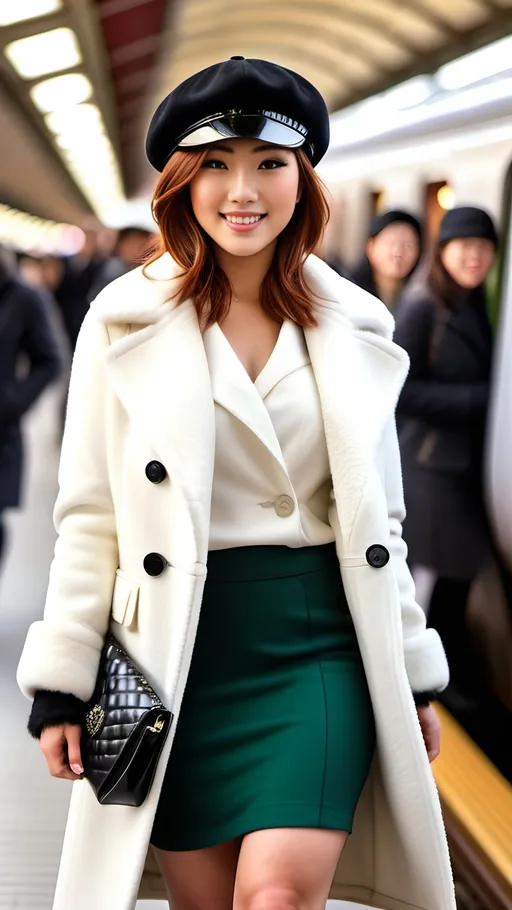 Prompt: Beautiful Japanese woman, age 25, bob cut auburn hair, green-eyed, intricate diamond face, natural makeup, white wool coat with black faux fur trim, white pencil skirt with black trim, white boots & newsboy cap, lush curvy figure, smile, standing in a crowded & busy Bullet Train Station, 8k photo, realistic, detailed, vibrant colors, dynamic street fashion, urban, modern, intricate details, realistic lighting, busy atmosphere, ample physique