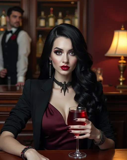 Prompt: A (strikingly beautiful *vampire* woman), jet black hair, (vibrant red eyes), (prominent white fangs), sitting at a luxe lounge bar, (chalk white skin), (exotic features), (long black talon-like finger nails), wearing a (maroon blouse) and (black blazer), elegantly holding a glass of (blood red wine), adorned with a (jeweled scorpion choker), black bracelets with ruby gems, featuring a tuxedo clad bartender in the background, capturing rich ambiance with an air of danger & tension, (high detail), (soft light), (photorealistic), 8k resolution, sophisticated gothic atmosphere, pro cinematic photo quality, luxurious setting.