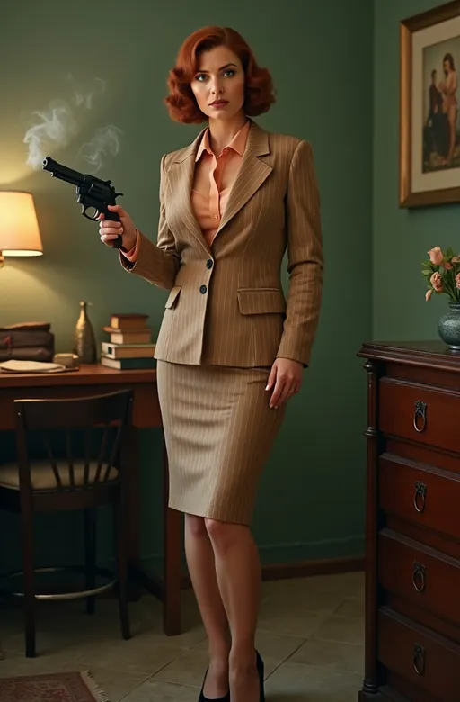 Prompt: Beautiful French femme fatale with short silky cinnamon hair, piercing green eyes, gorgeous diamond face, upturned brows, peach silk blouse, tan pin-striped blazer & matching pencil skirt, black pumps, capturing the sultry allure of her bosomy curvy full-figure, standing in a shabby 1930s office, holding a smoking revolver, wisps of smoke, film noire ambiance, high detail & quality, incandescent light, 8k, cinematic photo.