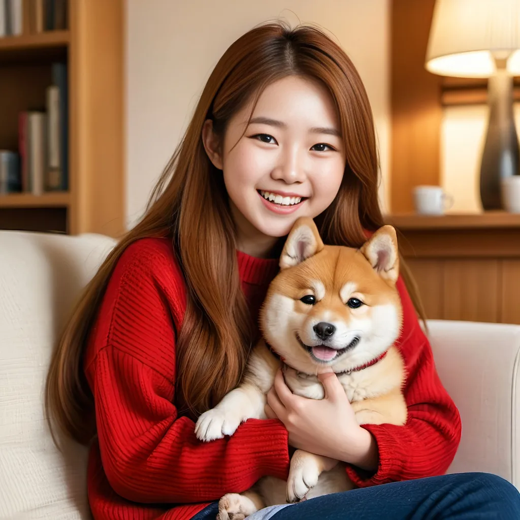 Prompt: Beautiful laughing Japanese girl, age 14, detailed square face, long auburn hair, red sweater, denim skirt, holding Shiba-Inu puppy in her lap, cozy living room, high-res photo, realistic, warm lighting, comfortable atmosphere, detailed features, candid moment, cozy, indoor, detailed eyes, soft and natural, heartwarming