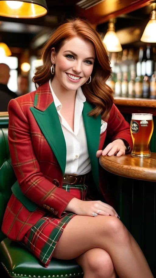 Prompt: Beautiful curvaceous auburn hair English woman, intricate triangle face, green eyes, petite upturned nose, gold earrings, light makeup, almond eyes, dark eyebrows, prominent cheekbones, red plaid jacket, white blouse, herringbone tweed red & green mini-skirt, pleasantly plump, smiling, sitting in a crowded Pub eating fish & chips with a beer, 8K photo, realistic, detailed fabric texture, classy, detailed face, chic fashion, London vibe, bustling urban setting, elegant lighting, modern, high quality