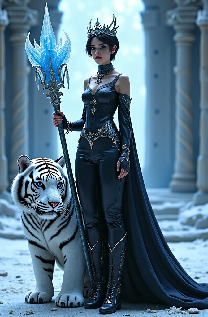 Prompt: Cinematic photo of Mab, Queen of Winter & Darkness, (high detail, 8k), standing in an ornate ice throne room, striking (dark blue eyes), beautiful rectangle face, (pale white skin), short black hair with blue highlights, (curvy figure, long legs), stunning outfit: black leather dress, black fashion boots, adorned with obsidian jewels, dramatic dark makeup, wearing a crown of blue ice crystals, holding a long icicle scepter with silver lacework, fierce white snow tiger at her feet, (bright light) illuminating the scene, (ultra-quality, photorealistic) style, evoking a powerful and captivating atmosphere in a frost-covered realm.