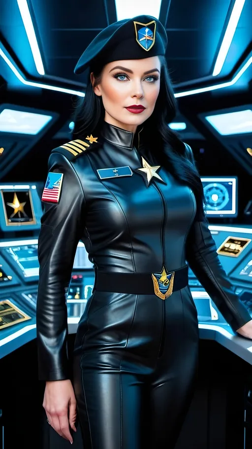 Prompt: Beautiful Space Force officer in shiny black jumpsuit, black beret, black boots, military insignia and rank badges, gold trim on uniform, pale skin, vibrant blue eyes, flowing black hair, standing on the command deck of a starship, high-res, cinematic photo, futuristic, science fiction.