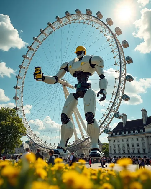 Prompt: photorealistic, (majestic giant humanoid robot) lubricating the (central hub of the London Eye) with a (huge can of WD-40), (whimsical humorous depiction), (yellow hard hat), (beautiful sunny summer day), vibrant colors, bright lighting, dynamic composition, lush greenery in foreground, people observing in awe, ultra-detailed, 8K cinematic professional photo, cheerful atmosphere.