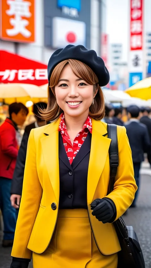 Prompt: Beautiful Japanese TV reporter, chestnut hair, hazel-eyed, intricate round face, yellow blouse & beret, red blazer with "NHK" logo, black skirt & boots, smile, holding a microphone, talking into a TV camera, deep focus with Ameyoko Market Tokyo in the background, 8K photo, realistic, vibrant colors, detailed features, professional, urban setting, atmospheric lighting