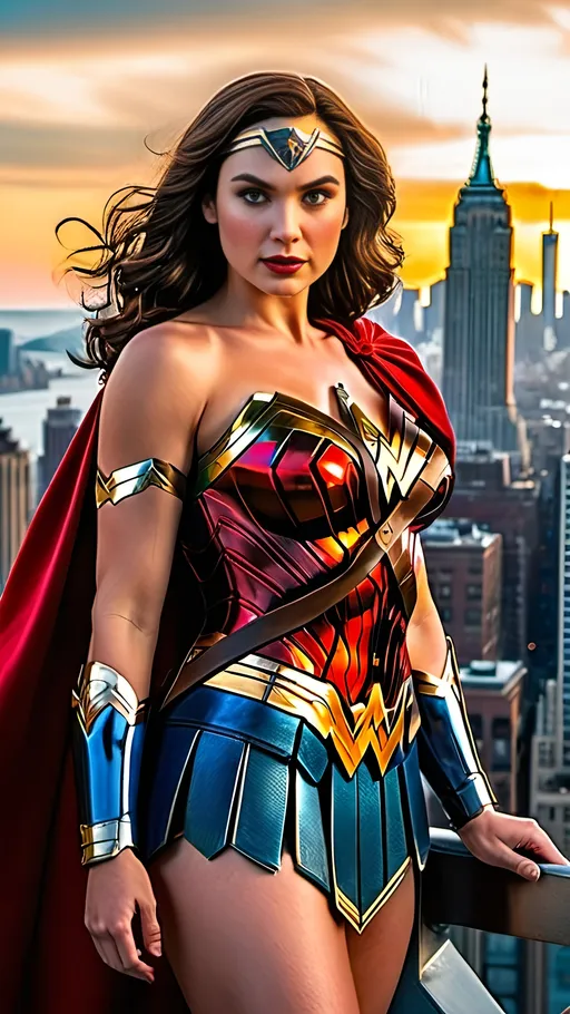 Prompt: 8k photo of a buxom:2.0 curvaceous:2.0, golden ratio face, blue-eyed, chestnut hair plus-size model.9, Wonder Woman, dressed in white & gold uniform with red cape, standing on a rooftop, New York skyline background, highres, ultra-detailed, superhero, modern, cityscape, detailed facial features, professional, natural lighting