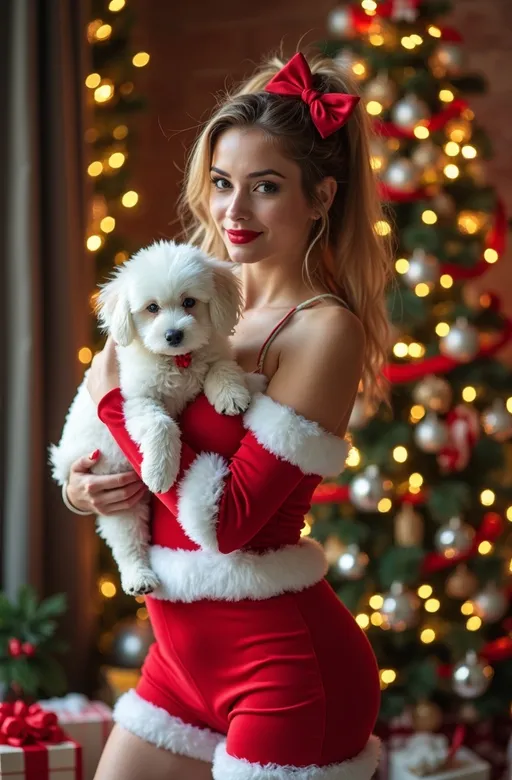 Prompt: Deliciously gorgeous (curvy young woman), dressed in a (vibrant red and white candy cane costume) with fluffy soft white fur trim details, (lush cinnamon-blonde hair) adorned with a (silky red bow), striking (blue eyes), holding an adorable white miniature poodle puppy in her arms, standing next to an (elegantly decorated and illuminated Christmas tree) in a (cozy room), cluster of wrapped presents at her feet, (warm ambiance), soft (festive lighting), ultra-detailed, high-quality, (8k resolution), (professional photography style).