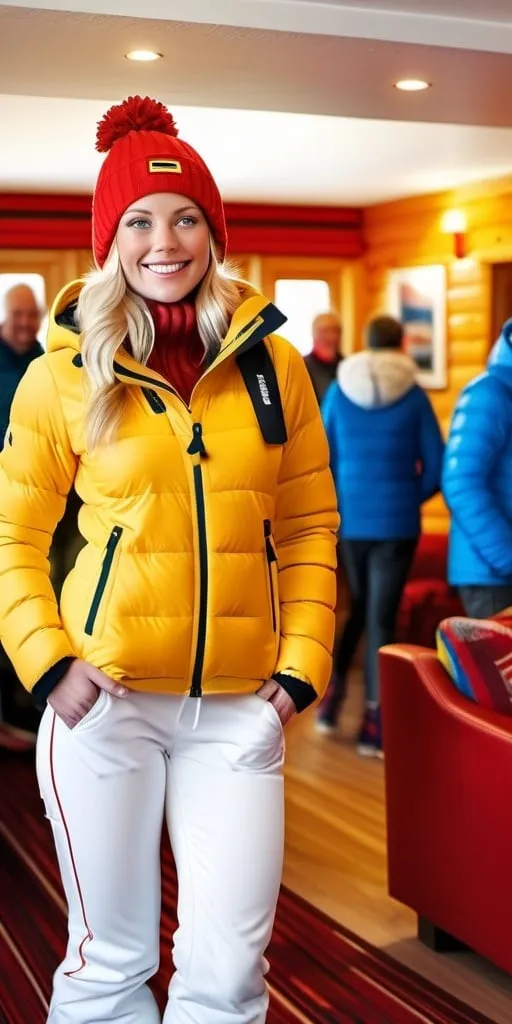 Prompt: Beautiful German woman, blonde blue-eyed, yellow ski jacket, white ski pants, red ski boots, red knit hat with tassel, smiling, standing in a crowded alpine ski lodge lobby, bustling scene, fireplace, cozy furniture, realistic, detailed, vibrant colors, bustling atmosphere, 8k photo