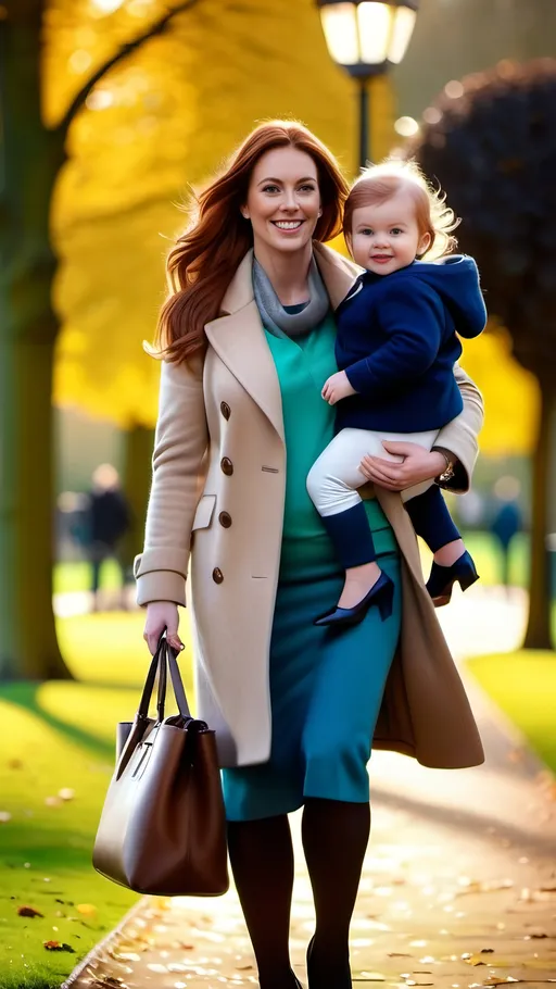 Prompt: Beautiful woman (30 years old, auburn hair, green eyes, genuine smile), beige wool coat, blue sweater, blue pencil skirt, high heels, carrying her daughter in a London Park, bustling scene, 8k photo, realistic, warm lighting, detailed features, cozy atmosphere, traditional setting, detailed surroundings, warm color tones, busy ambiance, family bond, professional photography quality