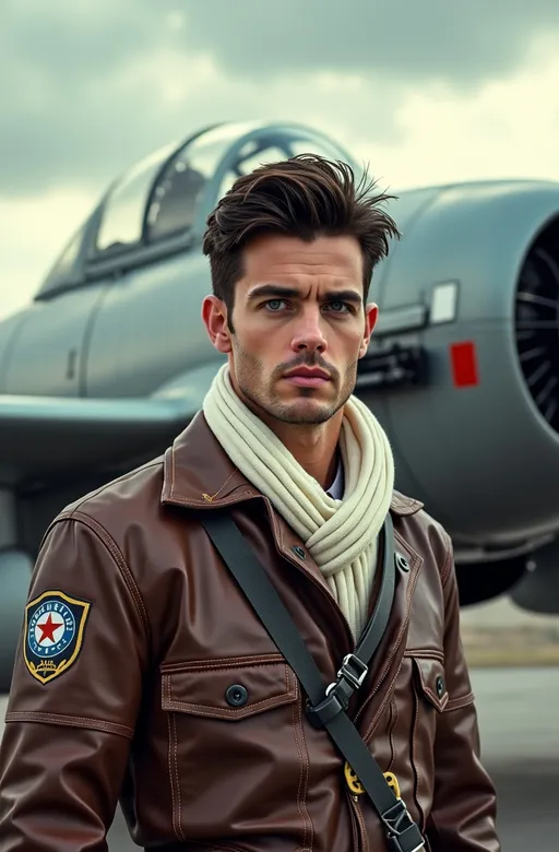 Prompt: photorealistic vintage photo, (handsome pilot) with dark hair, (blue eyes) and a square face, dressed in a (leather jacket) and (white scarf), preparing for flight, standing confidently in front of a (retro-futuristic fighter plane) against a dramatic, (cloudy sky), adorned with (military insignia), evoking a sense of historical adventure, (highly detailed), (8K), (pro photo quality), cinematic vibe.