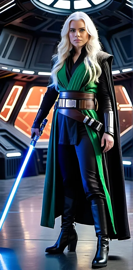 Prompt: Photo of an actress portraying a Jedi Knight (age 25) with long flowing white hair, vibrant green eyes, intricately beautiful face, costumed in black robes and slacks, black boots, and a utility belt with metallic tools, holding a glowing blue lightsaber, standing ready for battle, elaborate space ship film set, realistic, high-res photo, natural skin tone, professional, cinematic