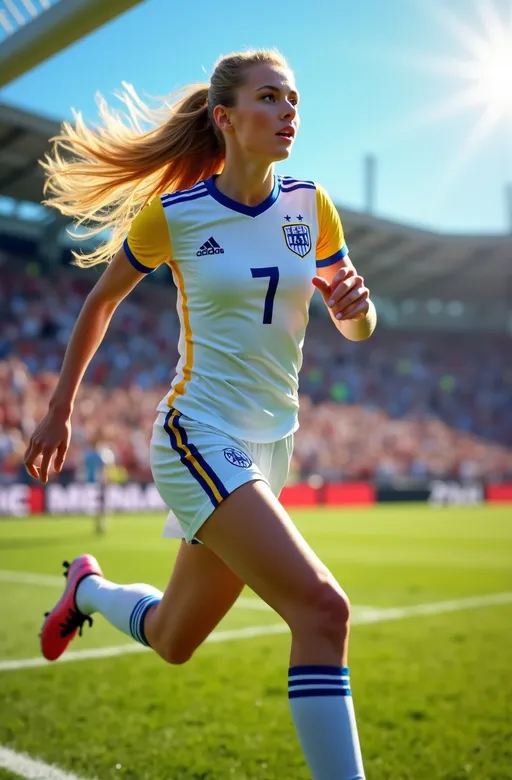 Prompt: photorealistic, (8K), dynamic action shot of a beautiful blonde soccer player, tall, athletic build, (long silky hair), (intense blue eyes), flawless facial features, wearing a sharp white uniform with blue-yellow trim, sprinting toward the goal, set under a brilliant sunny sky, capturing motion and energy, high detail, professional quality, vibrant atmosphere, immersive sports scene with a cheering crowd in the background.