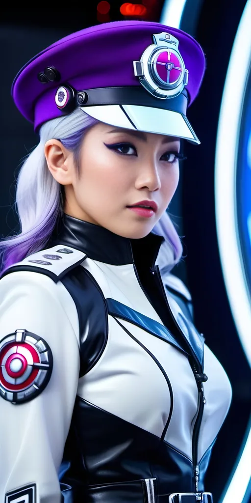 Prompt: Profile view of beautiful Japanese Time Patrol Officer, detailed face, white & purple hair, silver leather minidress, black tights, beret, silver boots with official insignia, badges of rank, controlling a Time Machine, 8k photo, futuristic-sci-fi, highly detailed, intricate, detailed eyes, elegant design, buttons gauges display screens, professional, atmospheric lighting, detailed outfit, futuristic setting