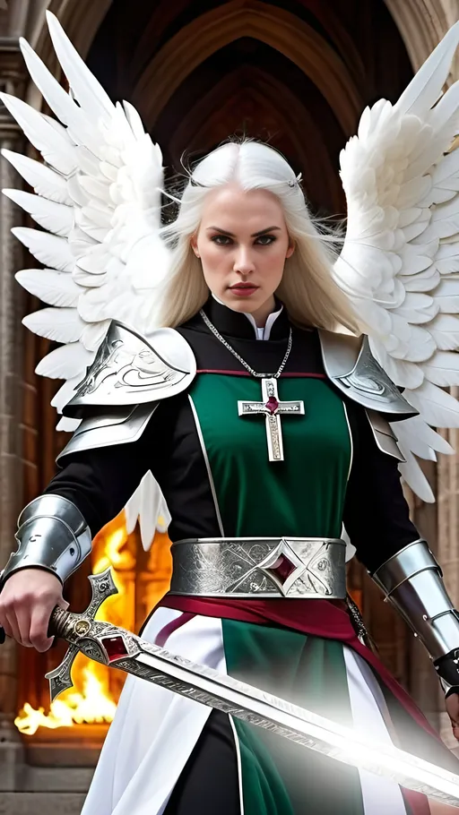 Prompt: Angelic Warrior nun with square face, white hair, pale skin, white feathered wings, diamond-encrusted silver cross necklace, wielding gleaming Damascus Steel Sword with ruby and emerald gemstones in the cross-guard, intense battle scene guarding the cathedral doors 8k photo, good versus evil, detailed facial features, dramatic lighting, intense action, high-res, battle, diamond encrusted, silver, square face, pale skin, dark hair, detailed sword, ruby and emerald gemstones, demon warriors, flames, dramatic