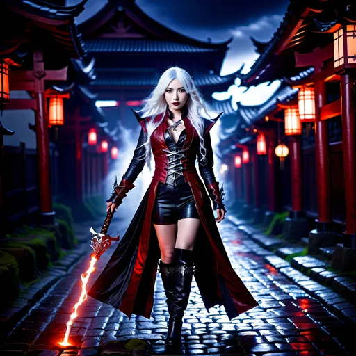 Prompt: 8K photo, cinematic, dark gothic horror, Beautiful Japanese female Shadow Mage, flowing white hair, dark makeup, red leather vest with silver runic markings, intricate face, black leather duster and boots, holding a glowing staff with arcing bolts of plasma, nightscape, cobblestone lane, highly detailed